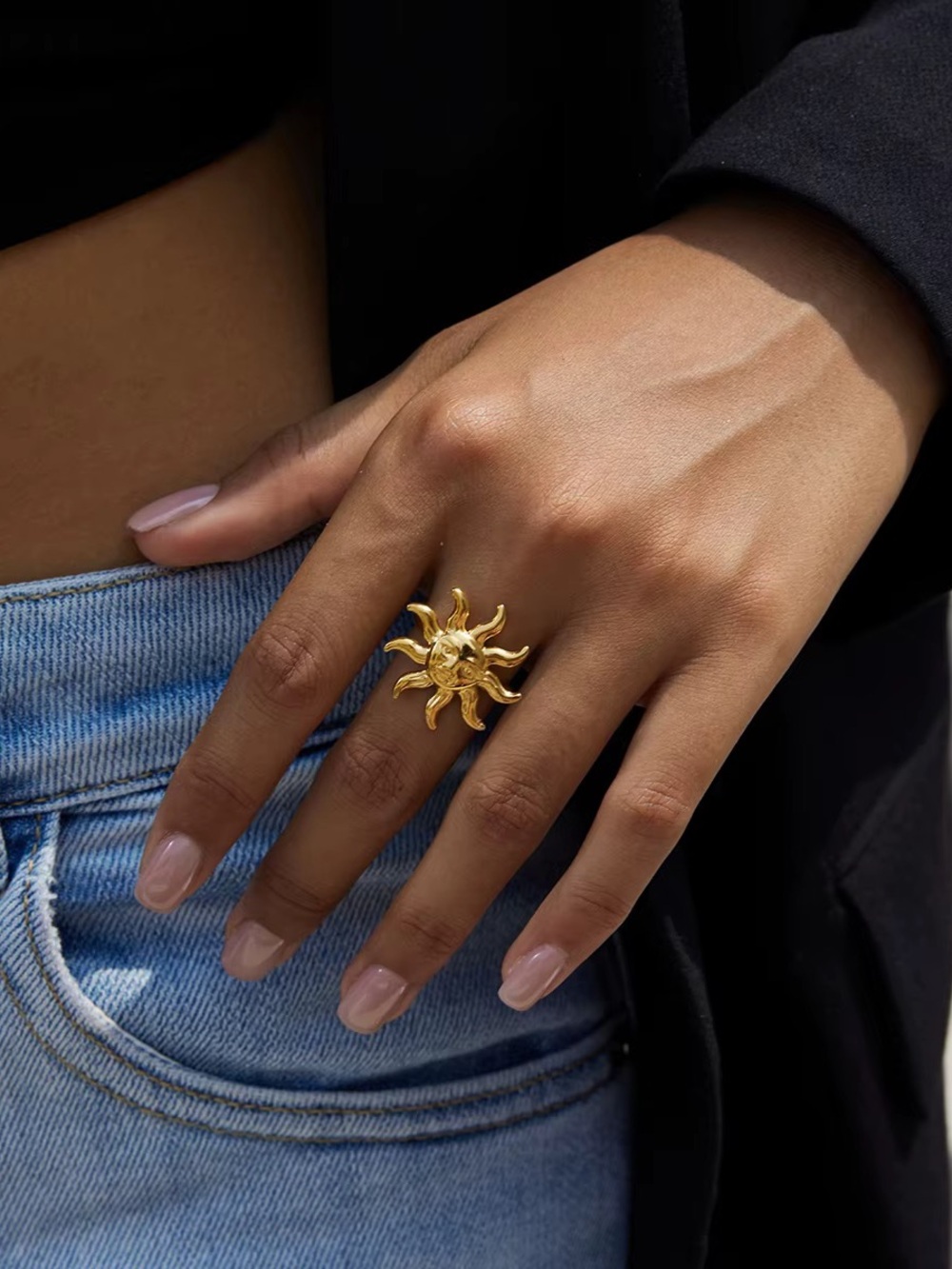 18K Gold Plated Adjustable Sunburst Statement Ring